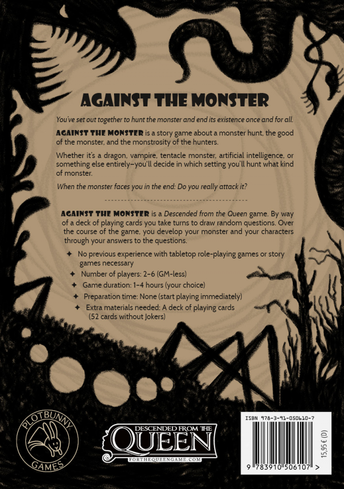 Backcover of "Against the Monster". Around the text are carbon-pencil-drawn black silhouettes of claws, tentacles, teeth, trees, fungi, spider legs and eyes on a packaging-paper-brown background.