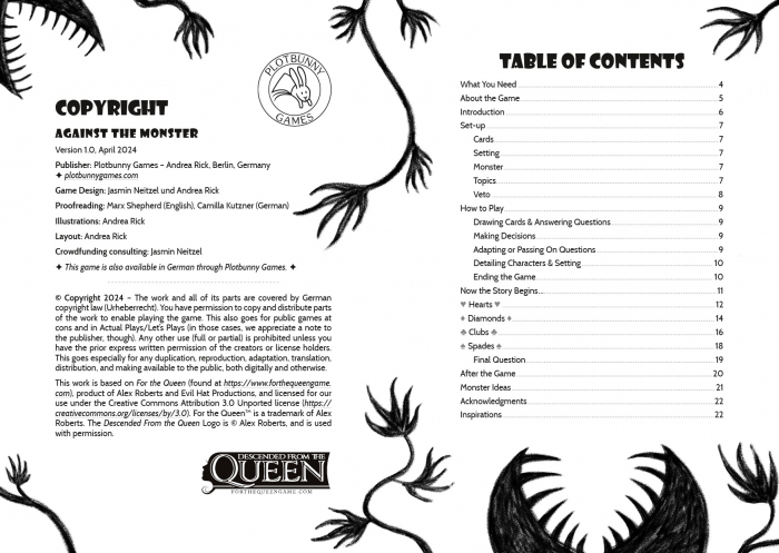 Spread with copyright and table of contents from "Against the Monster." Around the text are carbon-pencil-drawn black silhouettes of flesh-eating plants with pointy teeth and hand-shaped leaves.