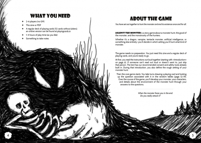 Spread with "what you need" and "about the game" from "Against the Monster." Across both pages is a carbon-pencil drawing of a mound of earth with eyes and a hand cradling a human skeleton. Grass grows on it, and there's a hilly landscape with coniferous trees in the background.