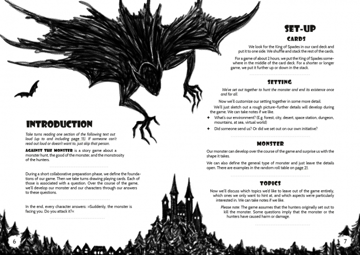 Spread with introduction and part of the set-up from "Against the Monster." Across both pages is a carbon-pencil drawing of a vampire with a bat-wing-like cloak and thin, long fingers. It seems to crawl down from above, next to it is a small bat, below is a forest landscape with a village in the valley and a castle on a hill.