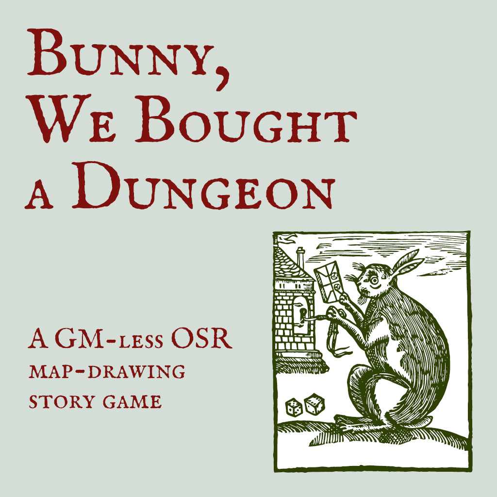 "Hasi, wir haben einen Dungeon gekauft - ein SL-loses OSR Kartenzeichnungs-Storygame". Das Bild ist ein mittelalterlicher Holzschnitt eines Hasens vor einem Haus. Er hält ein Paket Würfel und einen Schlüssel in den Pfoten. Weitere Würfel liegen zu seinen Füßen.