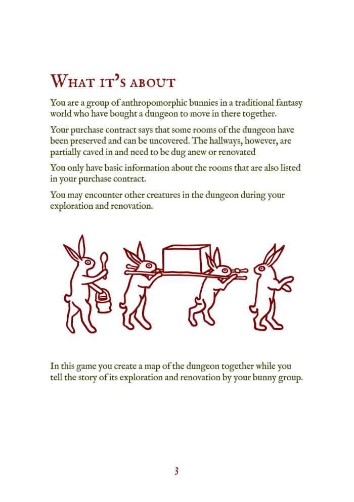 Page "What it's about" from "Bunny, We Bought a Dungeon." The illustration shows a group of four bunnies walking in a row. One bunny is indicating the direction, two other bunnies are carrying a box on their shoulders, the fourth bunny is carrying a pot and spoon.
