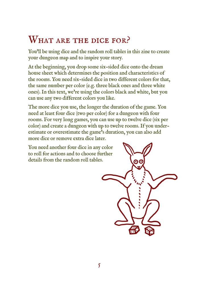 Page "What are the dice for?" from "Bunny, We Bought a Dungeon." The illustration shows a bunny sitting in front of two dice and holding its front paws to the sides.
