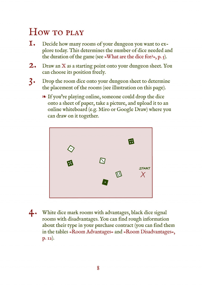 First page of "How to play" from "Bunny, We Bought a Dungeon." The illustration shows the beginning of a dungeon map with six dropped dice and an X marked "Start."