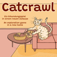 Catcrawl. Ein Erkundungsspiel in einem neuen Zuhause. An exploration game in a new home. Eine getigerte Katze sitzt auf einem Sofa und streckt ihre Pfoten nach einem Korb mit Wollknäuel und Stricknadeln auf einem Couchtisch daneben aus. Auf dem Tisch liegen außerdem mehrere Zeitschriften und kurze Wollfäden. Im Hintergrund sind zwei Türen, ein Blick in eine Küche und eine Spur aus Katzenpfoten zu sehen. Die Farbtöne des Bildes sind apricot-orange, altrosa und braun und wirken warm und gemütlich.