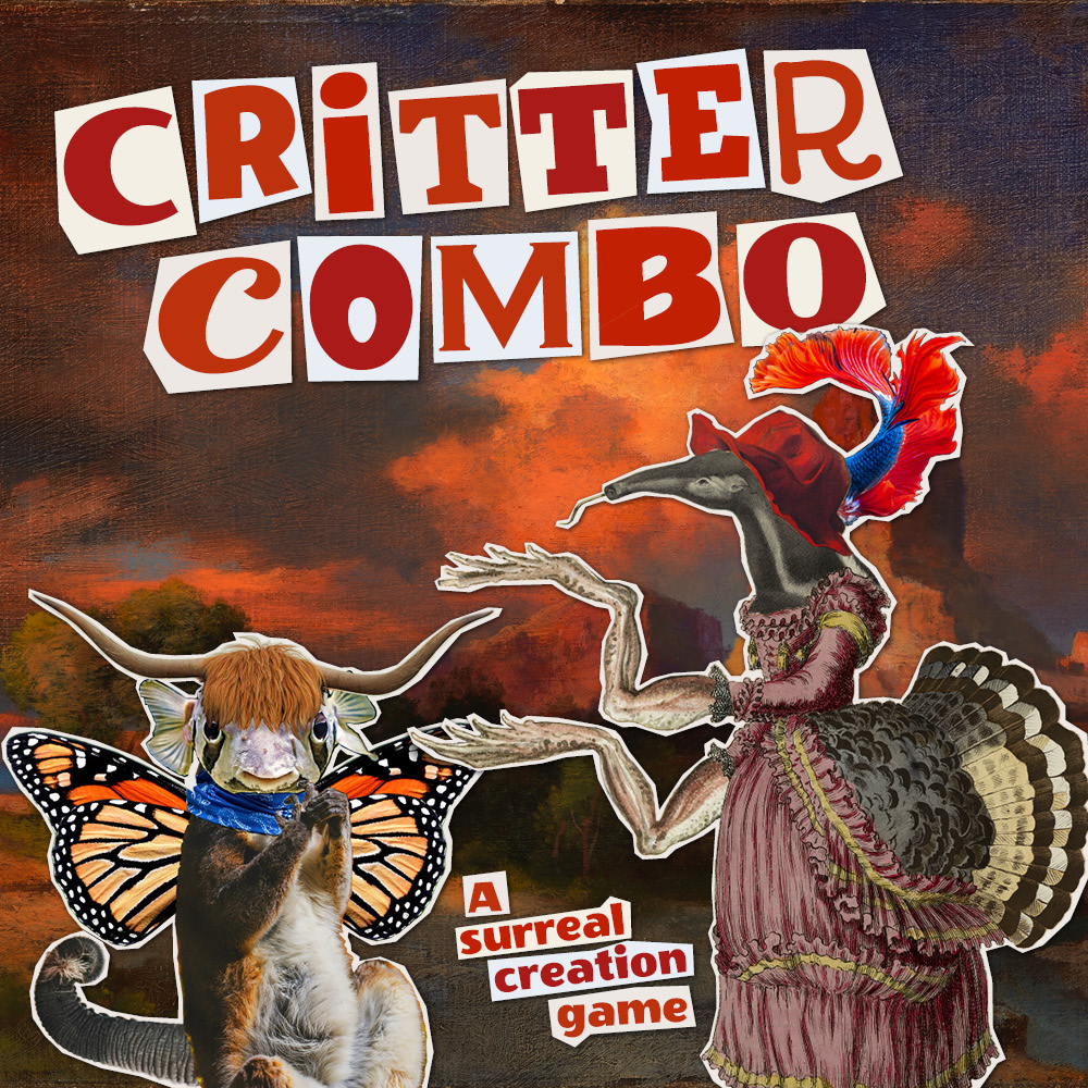 Critter Combo - a surreal creation game. A cute creature with a lemur body, the head of a puffer fish, the horns and bangs of a yak, monarch butterfly wings, and an elephant trunk for a tail sits on the ground and sheepishly wrings its hands. It's wearing a blue bandana around its neck. Next to it stands an elegantly creepy creature with an ant-eater head in a ruffled pink dress from the 18th century. The bustle of the dress is a turkey body and tail. The creature's arms are very long and made of frog legs. It's wearing a red hat with a feather-like red-and-blue decoration made from a betta fish. The background is an oil painting of a landscape and sky in shades of red and brown. The title is created with letters from different fonts.