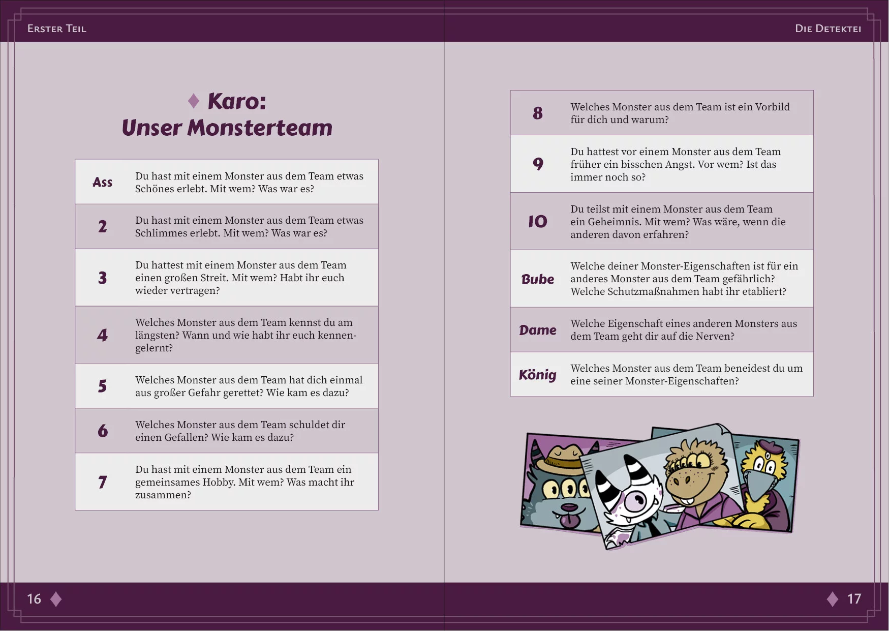 Doppelseite aus Detektei Monster mit einer Tabelle aus dem ersten Teil des Spiels. Alle Fragen drehen sich um das Monster-Team Darunter sind drei schräg übereinander liegende Teamfotos mit Monstern. Links sieht man das große, pelzige Monster mit Fedora vom Titelbild, das die Zunge herausstreckt. Rechts schaut das vogelartige Monster mit Baskenmütze vom Titelbild in die Kamera. In der Mitte haben das kleine, einäugige Monster vom Titel und ein weiteres pelziges Monster mit fünf Augen und Hasenzähnen einander die Arme um die Schultern gelegt und schauen sich lächelnd an.
