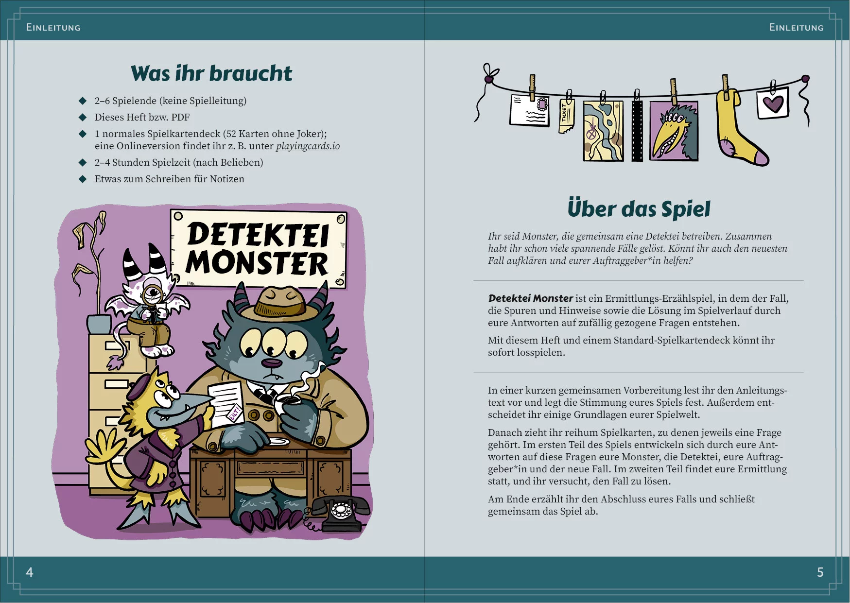 Doppelseite aus Detektei Monster mit den Abschnitten "Was ihr braucht" und "Über das Spiel". Links ist das Bild mit den drei Monstern in der Detektei vom Cover des Spiels. Rechts hängen an einer zwischen zwei Nägeln gespannten Schnur allerlei Hinweise: Ein Briefumschlag, ein abgerissenes Ticket, eine Landkarte mit einer markierten Stelle, ein Filmstreifen, ein Foto eines vogelartigen Monsters mit vielen Augen und ein Zettel mit einem Herzchen darauf. Dazwischen hängt eine gelbe Socke mit lila Zehen und Ferse.