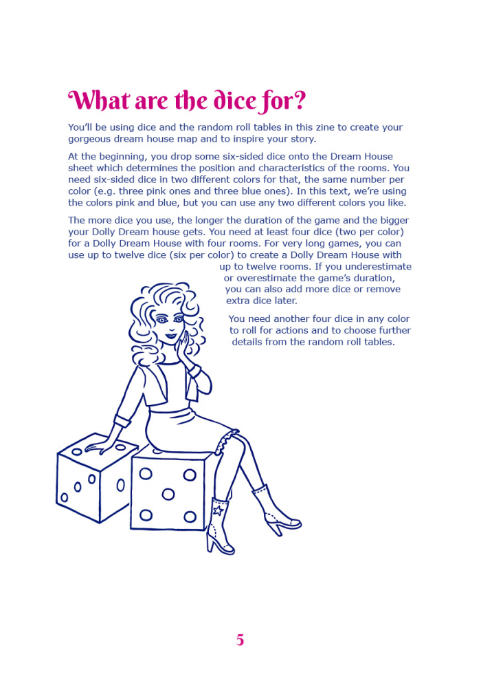 Page "What are the dice for?" from "Dolly, We Bought A Dream House." The illustration shows a Dolly sitting on a six-sided die, with one hand on a second six-sided die. She's holding her other hand to her face. She has high-piled wavy hair and is wearing a short jacket over a t-shirt, a tight knee-length skirt with a ruffle at the seam, and Western boots with high heels.