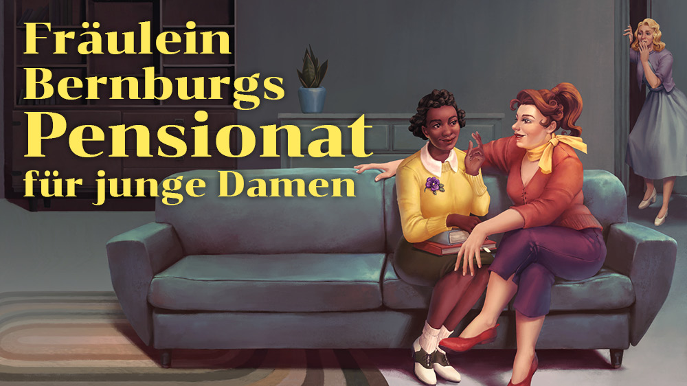 Ausschnitt aus dem Coverbild von "Fräulein Bernburgs Pensionat für junge Damen". Das Bild zeigt zwei junge Damen in 1950er-Kleidung, die dicht zusammen auf einem Sofa sitzen und miteinander reden. Eine ist Schwarz, die andere ist weiß. Eine dritte (ebenfalls weiß) beobachtet sie mit einem schockierten Gesichtsausdruck aus dem Türrahmen im Hintergrund.