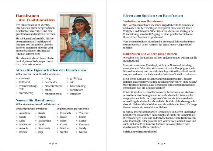 Doppelseite mit der Beschreibung und den Auswahloptionen der Clique Hausfrauen aus "Fräulein Bernburgs Pensionat für junge Damen". Man sieht eine Schwarze junge Dame in einem hellblauen Kleid, die in einer Küche einen Kuchen in der Hand hält.
