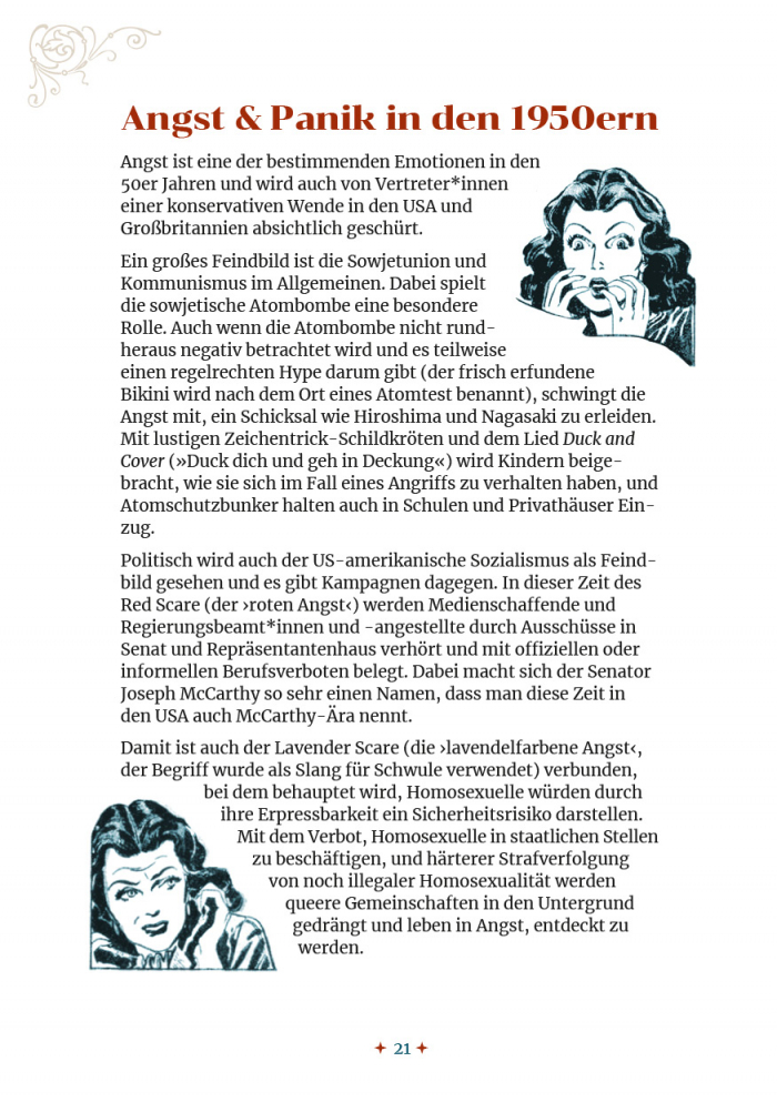 Seite mit dem Beginn des Abschnitts "Angst & Panik in den 1950ern" aus "Die Angst geht um in Fräulein Bernburgs Pensionat". Man sieht zwei Gesichter von jungen Damen, die angstvoll gucken.