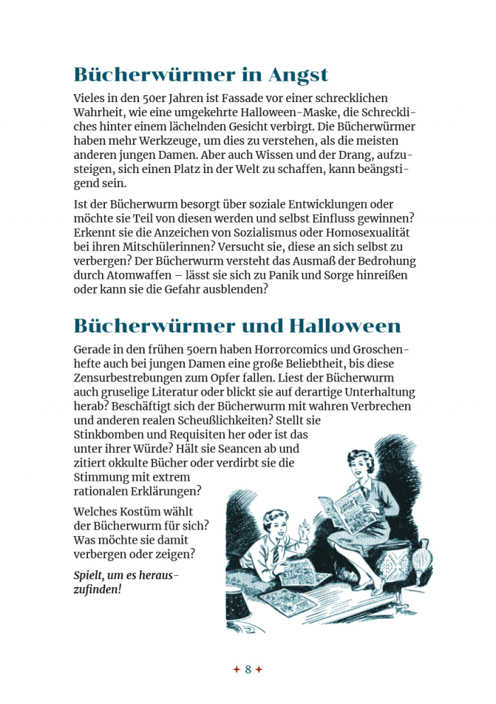 Seite aus dem Abschnitt "Die Cliquen an Halloween" aus "Die Angst geht um in Fräulein Bernburgs Pensionat" über die Bücherwürmer. Man sieht zwei junge Damen in Schuluniformen, die Comics lesen.