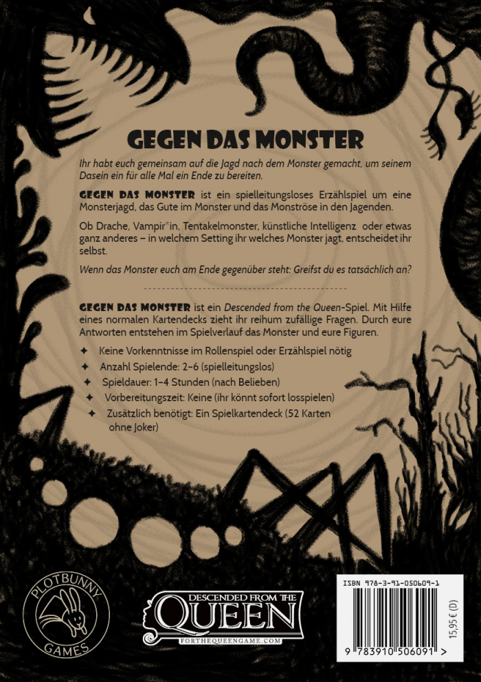 Backcover von "Gegen das Monster". Um den Text herum sind mit Kohlestift schwarze Silhouetten von Klauen, Tentakeln, Zähnen, Pilzen, Bäumen, Spinnenbeinen und Augen auf packpapier-braunem Hintergrund gezeichnet.