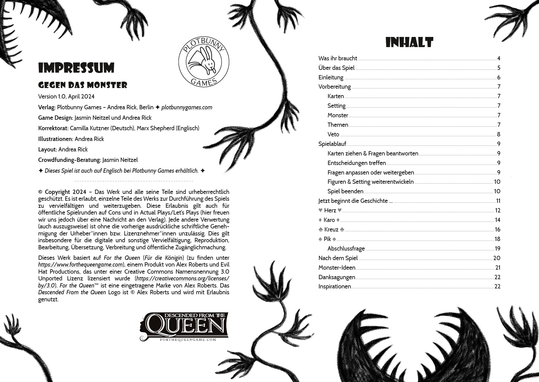 Doppelseite mit Impressum und Inhaltsverzeichnis aus "Gegen das Monster". Um den Text herum sind mit Kohlestift schwarze Silhouetten von fleischfressenden Pflanzen mit spitzen Zähnen und handförmigen Blättern gezeichnet.