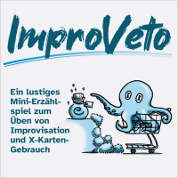 "ImproVeto - ein lustiges Mini-Erzählspiel zum Üben von Improvisation und X-Karten-Gebrauch". Zeichnung von einem Oktopus in einem Einkaufswagen, der nach einem Zaubertrank greift, während ein Haufen Tribbles ihn ebenfalls zu erreichen versucht.