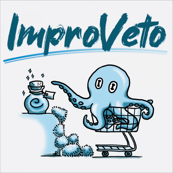 "ImproVeto." Zeichnung von einem Oktopus in einem Einkaufswagen, der nach einem Zaubertrank greift, während ein Haufen Tribbles ihn ebenfalls zu erreichen versucht.