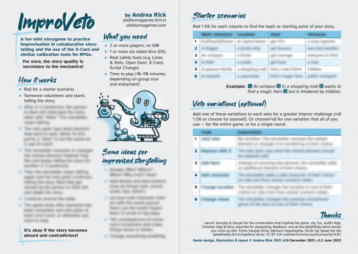 Spread with the game text of "ImproVeto." Most of the text is blurred in this preview. The illustration is an octopus in a shopping cart who is reaching for a magic potion while a bunch of tribbles also try to reach it.