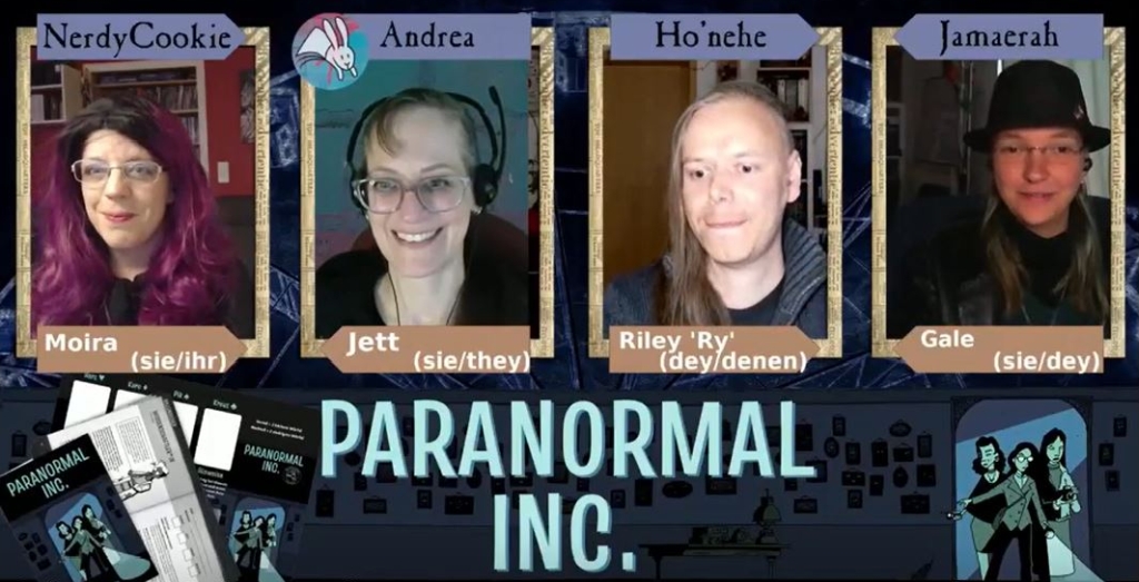 Screenshot aus dem Actual Play bei Katze und Wolf mit Frau Nerdy Cookie, Andream Ho'nehe und Jamaerah.