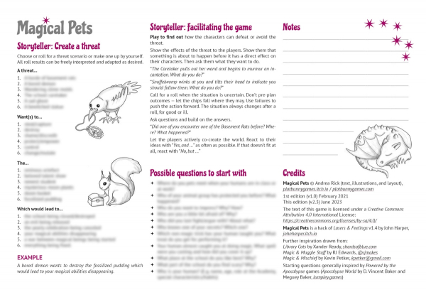 Second page of "Magical Pets" in English. You see the headlines for the GM sections, some info on facilitating the game, and the credits. The list options are blurred in this preview. Illustrations are a crow with a locket, a squirrel with a little box, and a small sleeping dragon.