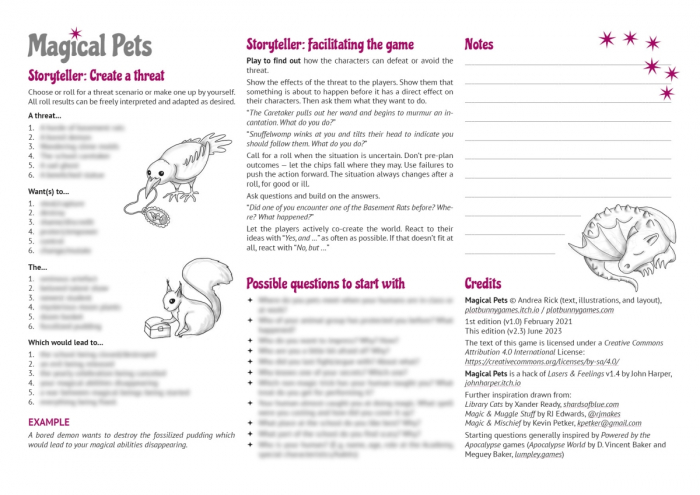 Second page of "Magical Pets" in English. You see the headlines for the GM sections, some info on facilitating the game, and the credits. The list options are blurred in this preview. Illustrations are a crow with a locket, a squirrel with a little box, and a small sleeping dragon.