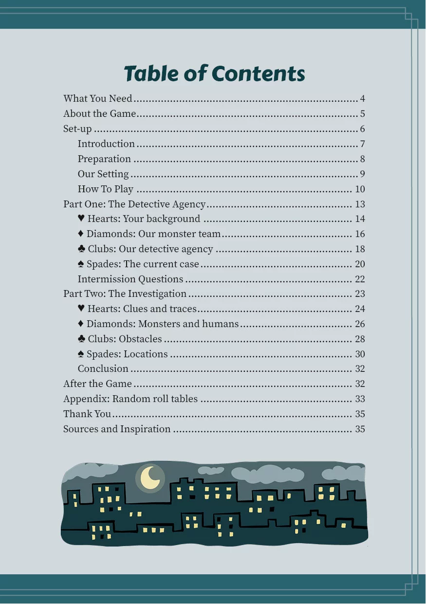 Table of contents from Monstrous Detectives. Below is a skyline of a city at night. The houses are dark teal and have several windows lit in light yellow. Above them, the sky shows a waning crescent moon between a few clouds.