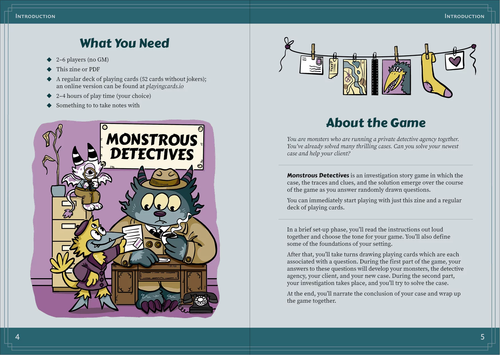 Spread from Monstrous Detectives with the sections "What You Need" and "About the Game." On the left is the monster group from the cover of the game. On the right, several clues are hanging on a line strung up between two nails. We see an envelope, a torn-off ticket, a map with a marked spot, a strip of film, a photo of a bird-like monster with many eyes, and a piece of paper with a heart symbol on it. Between these items hangs a yellow sock with purple toes and heel.