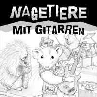 "Nagetiere mit Gitarren" in einer punkigen Schriftart. Die Coverzeichnung zeigt eine Nagetierband aus einer Ratte, einem Stachelschwein und einem Capybara. Die Ratte posiert im Vordergrund mit einer E-Gitarre. Sie trägt eine Jeansweste mit Nieten und Bandaufnähern. Die Gitarre ist an einen Verstärker der Marke "Bad Rat" angeschlossen. Schräg hinter der Ratte singt das Stachelschwein in ein Mikrofon und hält dessen Ständer schräg vor sich. Hinter den beiden sitzt das Capybara am Schlagzeug und singt ebenfalls mit.