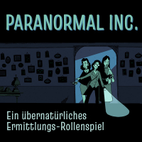 Paranormal Inc. von Alicia Furness. Ein übernatürliches Ermittlungs-Rollenspiel. Comic-artiges Bild in Tönen von Dunkelblau bis Helltürkisgrün. Drei feminine Ermittler*innen kommen durch einen Türrahmen in einen dunklen Raum mit vielen Bildern an der Wand, die alle leuchtende Augen haben. Sie tragen alltägliche Kleidung und sind mit Taschenlampe, Fotoapparat und Geistersensor ausgestattet.