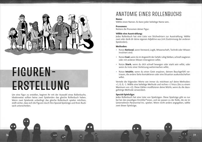 Doppelseite aus dem Kapitel "Figurenerstellung" von Paranormal Inc. Man sieht ein Gruppenbild mit allen Rollenbuch-Illustrationen aus Paranormal Inc.: Anhängsel, Skeptiker*in, Medium, Praktikant*in, Bücherwurm, Wissenschaftler*in, Geist. Der Text erklärt die Anatomie eines Rollenbuchs.