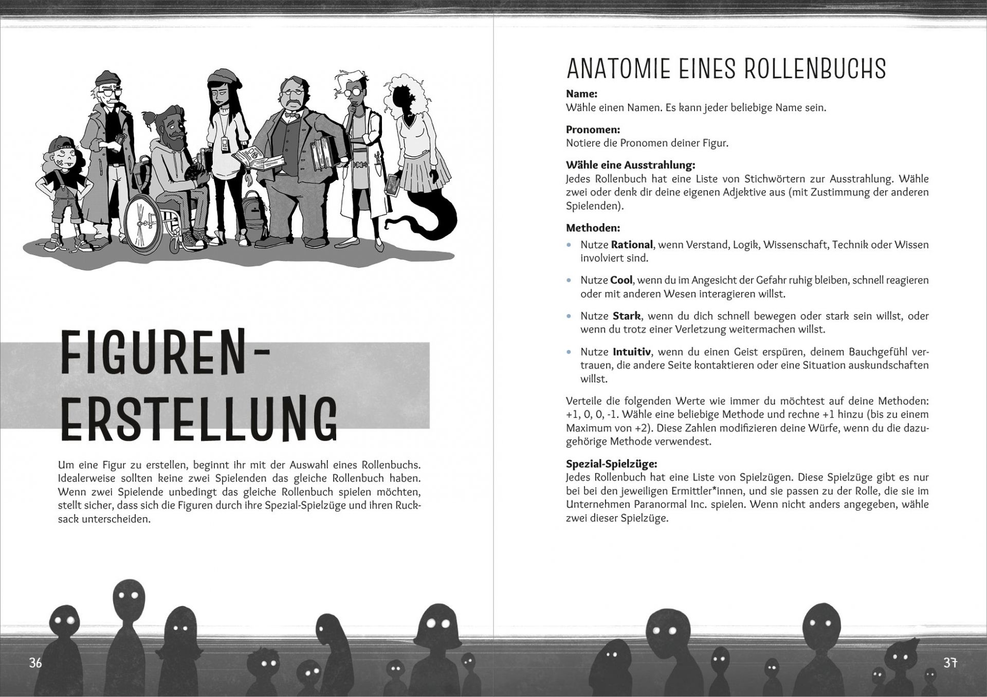 Paranormal Inc v1.0 – Figuren Doppelseite aus dem Kapitel "Figurenerstellung" von Paranormal Inc. Man sieht ein Gruppenbild mit allen Rollenbuch-Illustrationen aus Paranormal Inc.: Anhängsel, Skeptiker*in, Medium, Praktikant*in, Bücherwurm, Wissenschaftler*in, Geist. Der Text erklärt die Anatomie eines Rollenbuchs.