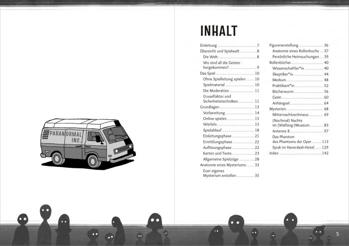Doppelseite mit dem Inhaltsverzeichnis von Paranormal Inc. Daneben ist eine Zeichnung eines Transporters mit Paranormal Inc. Schriftzug. Unten sind geisterhafte Silhouetten mit leuchtenden Augen.