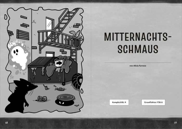 Doppelseite mit dem Titel des Mysteriums "Mitternachtsschmaus". Daneben sieht man eine Seitengasse mit einem überquellenden Müllcontainer und herumliegendem Müll, einem Geistergraffiti an der Wand, einer Feuertreppe, einem Gully, aus dem leuchtende Augen hervorschauen, und einer Rattensilhouette.