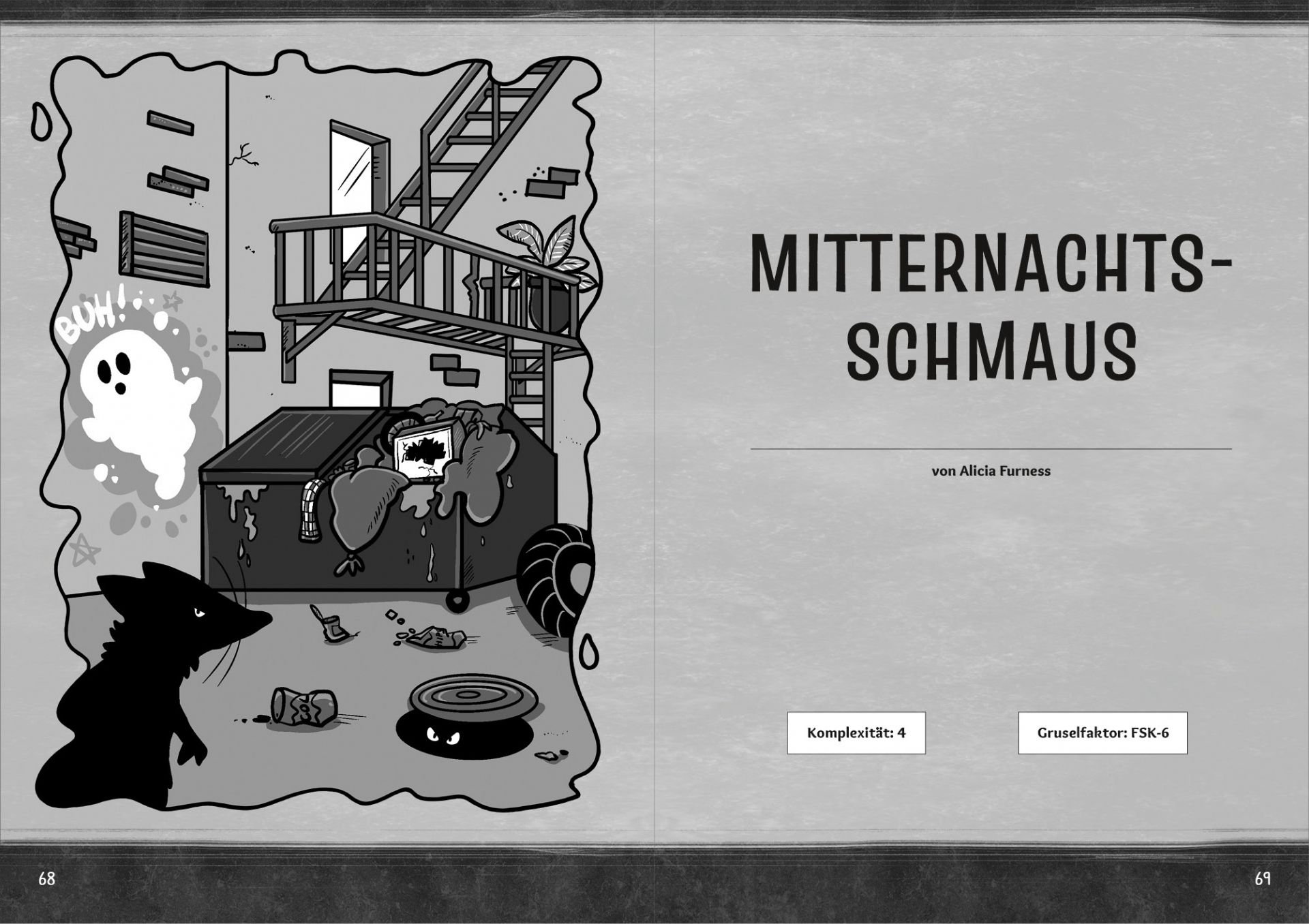 Paranormal Inc v1.0 – Mysterium1 Doppelseite mit dem Titel des Mysteriums "Mitternachtsschmaus". Daneben sieht man eine Seitengasse mit einem überquellenden Müllcontainer und herumliegendem Müll, einem Geistergraffiti an der Wand, einer Feuertreppe, einem Gully, aus dem leuchtende Augen hervorschauen, und einer Rattensilhouette.