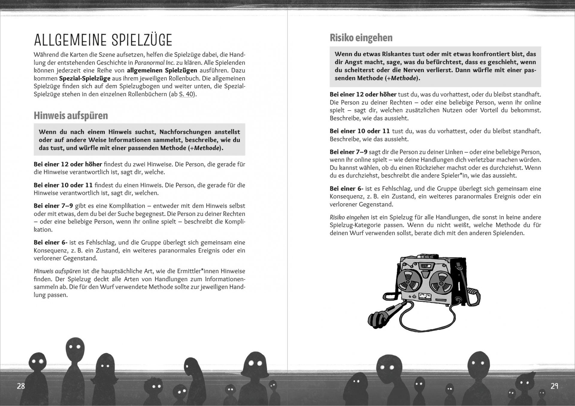 Paranormal Inc v1.0 – Spielzüge Doppelseite aus Paranormal Inc. mit zwei Spielzügen: Hinweise aufspüren und Risiko eingehen. Darunter ist ein altmodisches Tonbandgerät mit allerlei Schaltknöpfen und Anzeigefeldern und einem daran angeschlossenen Mikrofon.