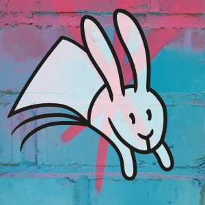 Hase aus dem Logo von Plotbunny Games. Im Hintergrund eine Wand mit Graffiti in pink und türkis.