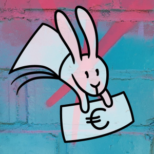 Hase aus dem Logo von Plotbunny Games mit einem Euroschein in den Pfoten. Im Hintergrund eine Wand mit Graffiti in pink und türkis.