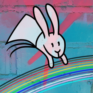 Hase aus dem Logo von Plotbunny Games springt über einen Regenbogen mit zusätzlichen Streifen in den Farben der Philadelphia Pride Flagge und der Trans Pride Flagge. Im Hintergrund eine Wand mit Graffiti in pink und türkis.