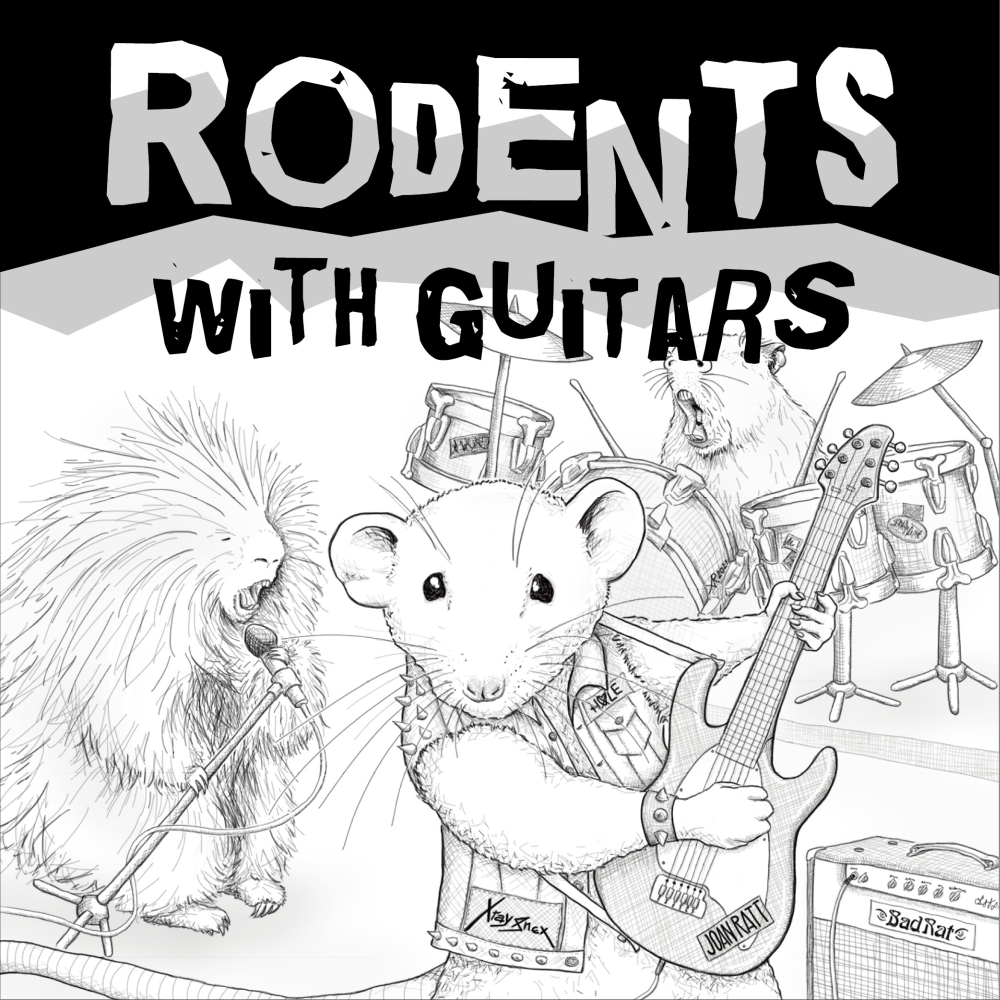"Nagetiere mit Gitarren" in einer punkigen Schriftart. Die Coverzeichnung zeigt eine Nagetierband aus einer Ratte, einem Stachelschwein und einem Capybara. Die Ratte posiert im Vordergrund mit einer E-Gitarre. Sie trägt eine Jeansweste mit Nieten und Bandaufnähern. Die Gitarre ist an einen Verstärker der Marke "Bad Rat" angeschlossen. Schräg hinter der Ratte singt das Stachelschwein in ein Mikrofon und hält dessen Ständer schräg vor sich. Hinter den beiden sitzt das Capybara am Schlagzeug und singt ebenfalls mit.