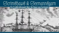 Scrimshaws & Seemannsgarn - Ein Erzählrollenspiel über die Kunst von Seeleuten. Detailliertes Scrimshaw mit einer Hafenszene. Ein Dreimaster mit aufgerollten Segeln, im Hintergrund leichte Hügel und einige Häuser.