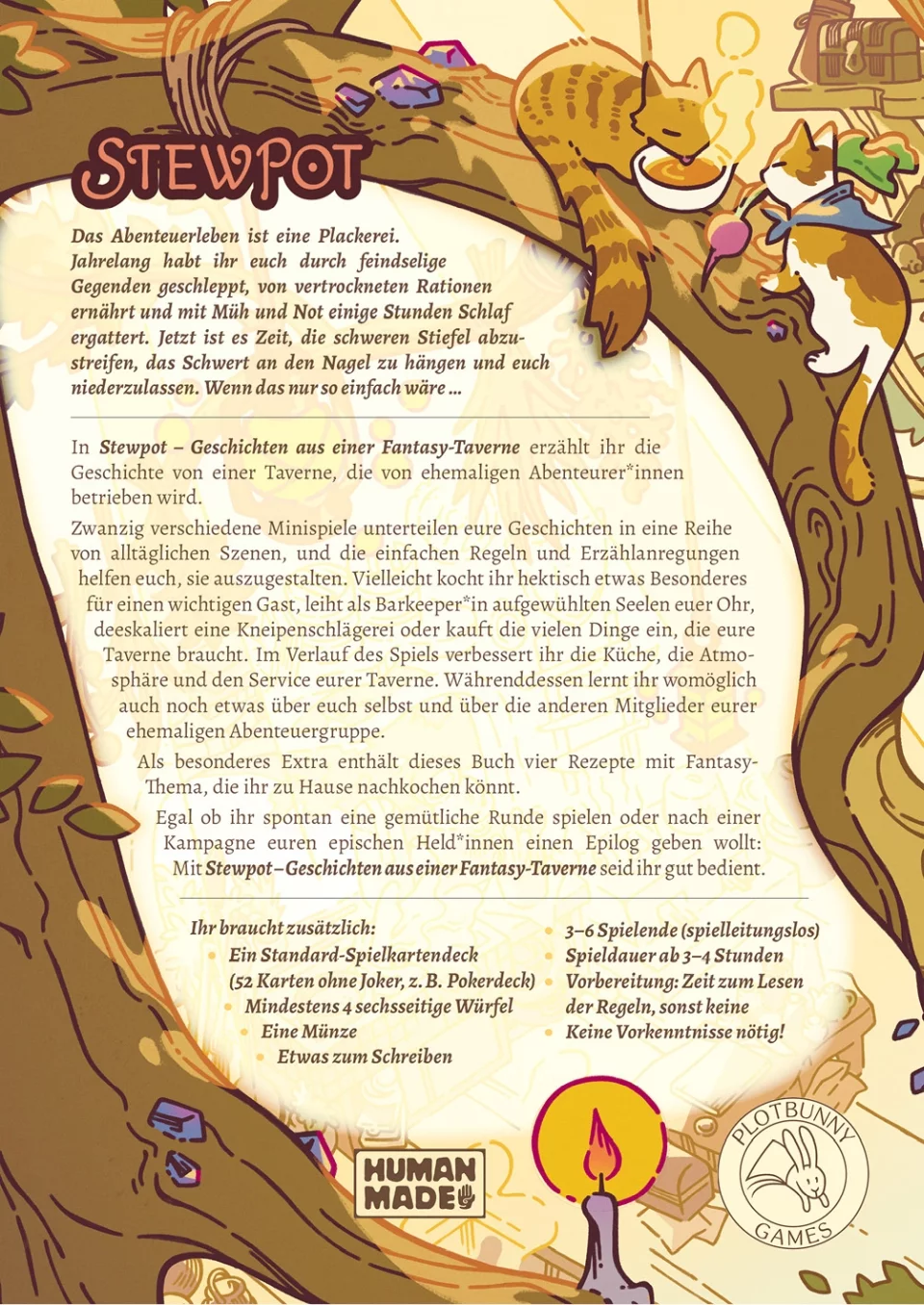 Backcover von Stewpot. Die Äste eines Baumes ragen quer über die Seite. Oben sitzen zwei Katzen, unten steht eine Kerze und im Hintergrund sein Regale mit Büchern, Behältern und allerlei Krimskrams zu sehen. Eine der Katzen ist rot-getigert und frisst Suppe aus einer kleinen Schale. Die andere ist dreifarbig, trägt ein blaues Tuch um den Hals und hat ein Radieschen mit Grünzeug im Maul. In die Äste sind einige violette Edelsteine eingebettet.