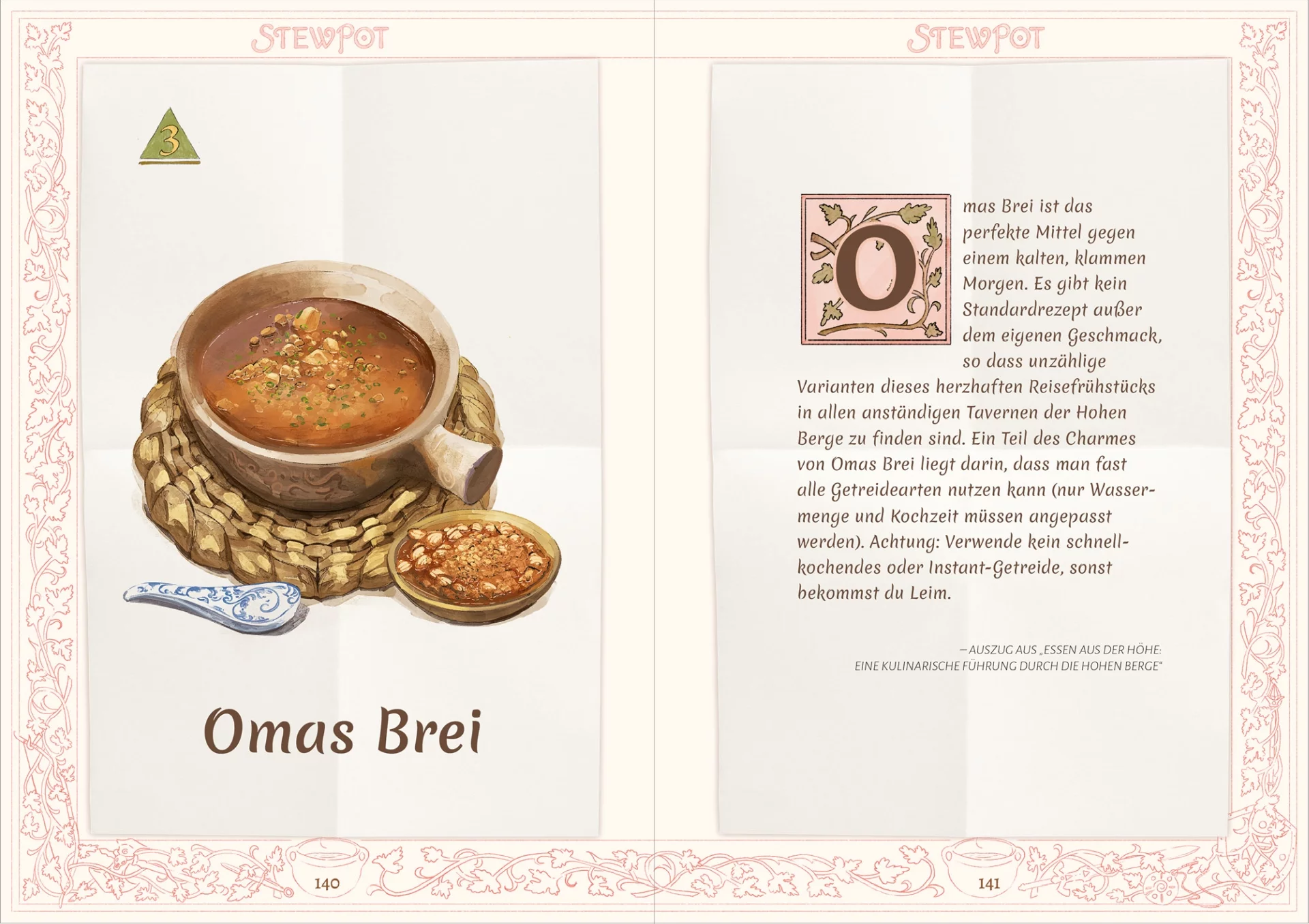 Doppelseite aus Stewpot, Rezept Omas Brei. Eine dickwandige Tonschale mit braunem Brei darin. Im Brei sind einige größere Stücke zu erkennen, und er ist mit grünen Kräutern bestreut. Die Schale hat einen kurzen, dicken Griff und Verzierungen auf der Außenseite und steht auf einem geflochtenen Stroh-Untersetzer. Daneben liegt ein blau-weiß gemusterter Porzellanlöffel. Auf der anderen Seite steht eine flache Schale Brei.