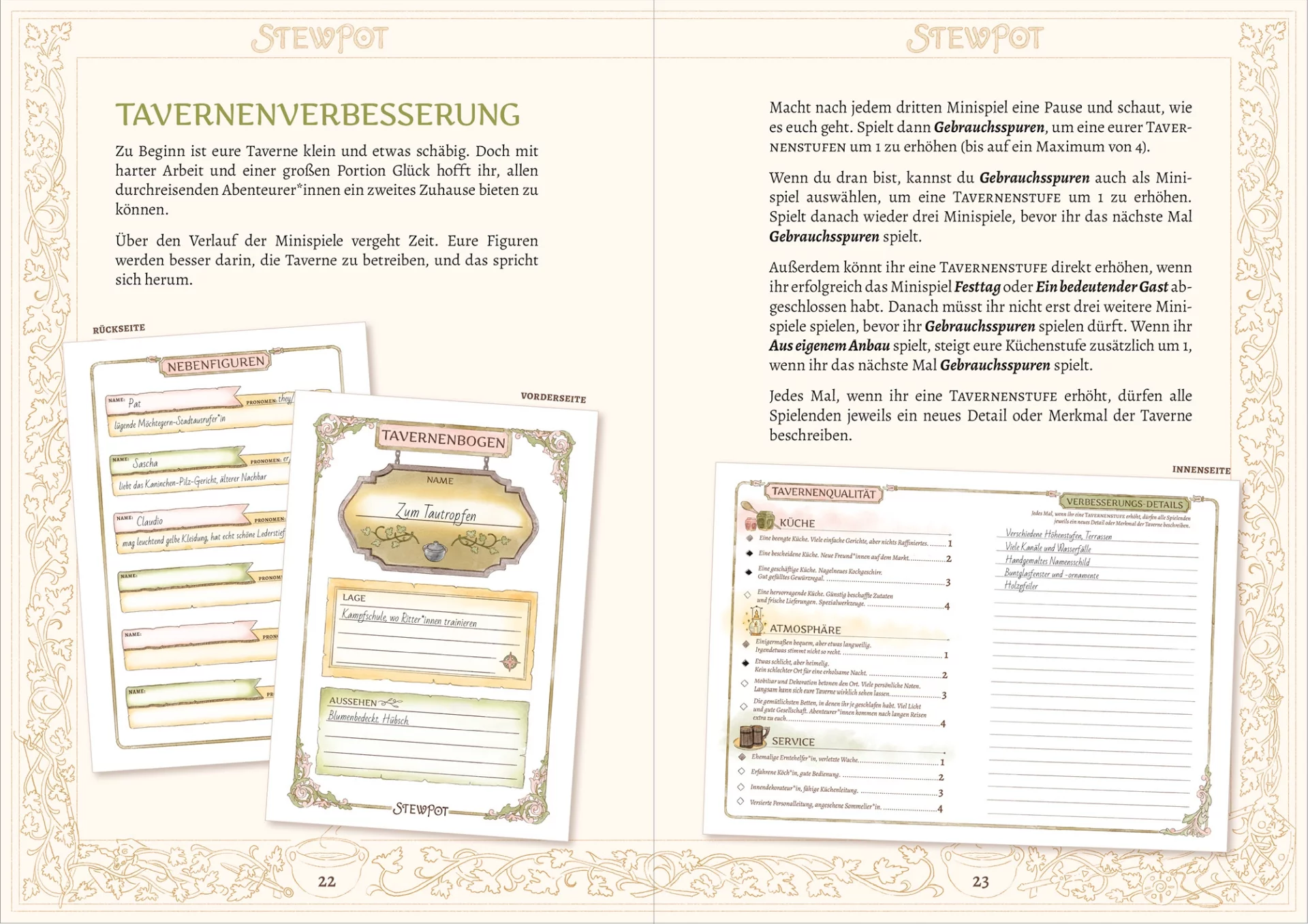 Doppelseite aus Stewpot: Tavernenverbesserung. Unten sind die vier Seiten des Tavernenbogens abgebildet.