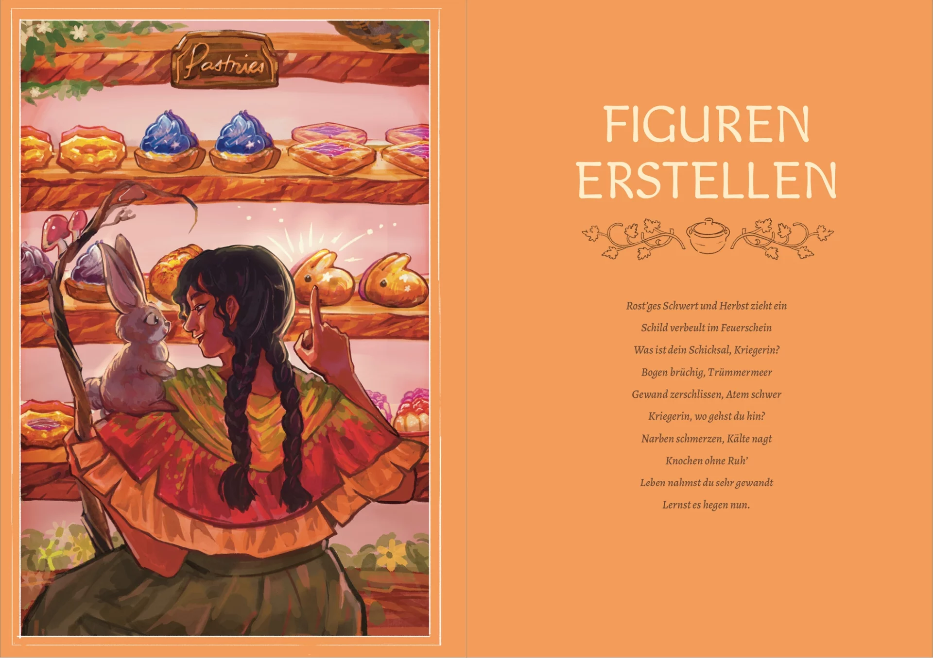 Doppelseite aus Stewpot: Figuren erstellen. Links ist ein ganzseitiges Bild von einer Druidin, die ihrem Hasen-Vertrauten eine Bäckerei-Auslage zeigt. Sie schaut ihren Hasen an, der auf ihrer Schulter sitzt. Sie zeigt auf hasenförmige Gebäckteilchen, die neben allerlei anderen mit Zuckerguss oder Cremehauben dekorierten Gebäckteilen auf Regalbrettern in der Auslage liegen. Rechts ist ein Gedicht über eine ehemalige Kriegerin, die nun ihr Leben neu ausrichten muss.