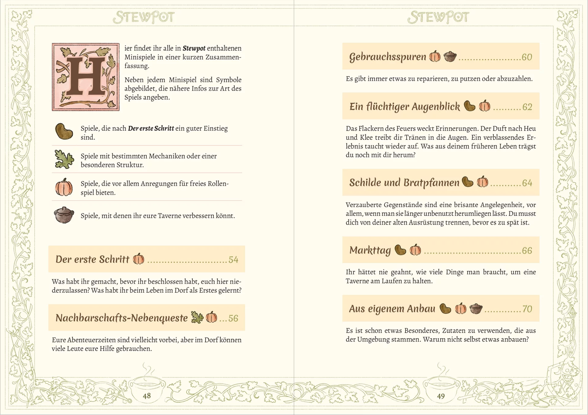 Doppelseite aus Stewpot, Übersicht Minispiele. Die Minispiele haben jeweils eine Kurzbeschreibung und ihre Art ist mit Symbolen gekennzeichnet.