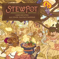 Stewpot - Geschichten aus einer Fantasy-Taverne. Ein Tiefling mit Widderhörnern, Cornrows, dunkler Haut und einer Narbe quer durchs Gesicht trägt einen großen Topf mit Essen. Im Hintergrund sitzt eine Gruppe Personen beim Essen zusammen. Bei ihnen liegt ein blauer Drachen schlafend auf dem Boden. Um die Szene herum sind Äste und Blätter eines Baumes zu sehen.