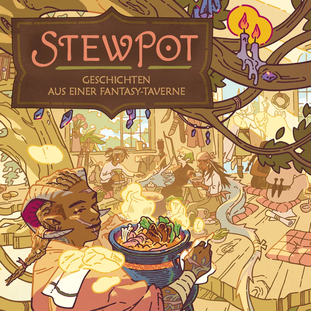 Stewpot - Geschichten aus einer Fantasy-Taverne. Ein Tiefling mit Widderhörnern, Cornrows, dunkler Haut und einer Narbe quer durchs Gesicht trägt einen großen Topf mit Essen. Im Hintergrund sitzt eine Gruppe Personen beim Essen zusammen. Bei ihnen liegt ein blauer Drachen schlafend auf dem Boden. Um die Szene herum sind Äste und Blätter eines Baumes zu sehen.