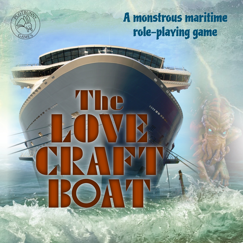 Square image for "The Lovecraft Boat - a monstrous maritime role-playing game" with the front of a cruise ship, a Chthulhu monster and the logo of Plotbunny Games.