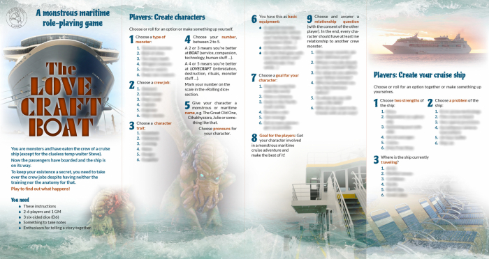 Opened flyer with 4 pages of "The Lovecraft Boat." You see the title page and the sections "Create characters" and "Create your cruise ship", surrounded by cruise ship photos and Cthulhu monsters.