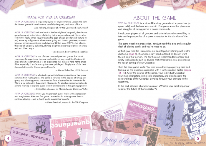 Spread from Viva la QueerBar. On the left are several quotes praising the game. On the right is the section "About the Game." Around the text is a collage of flyers from real queer bars and cafés.